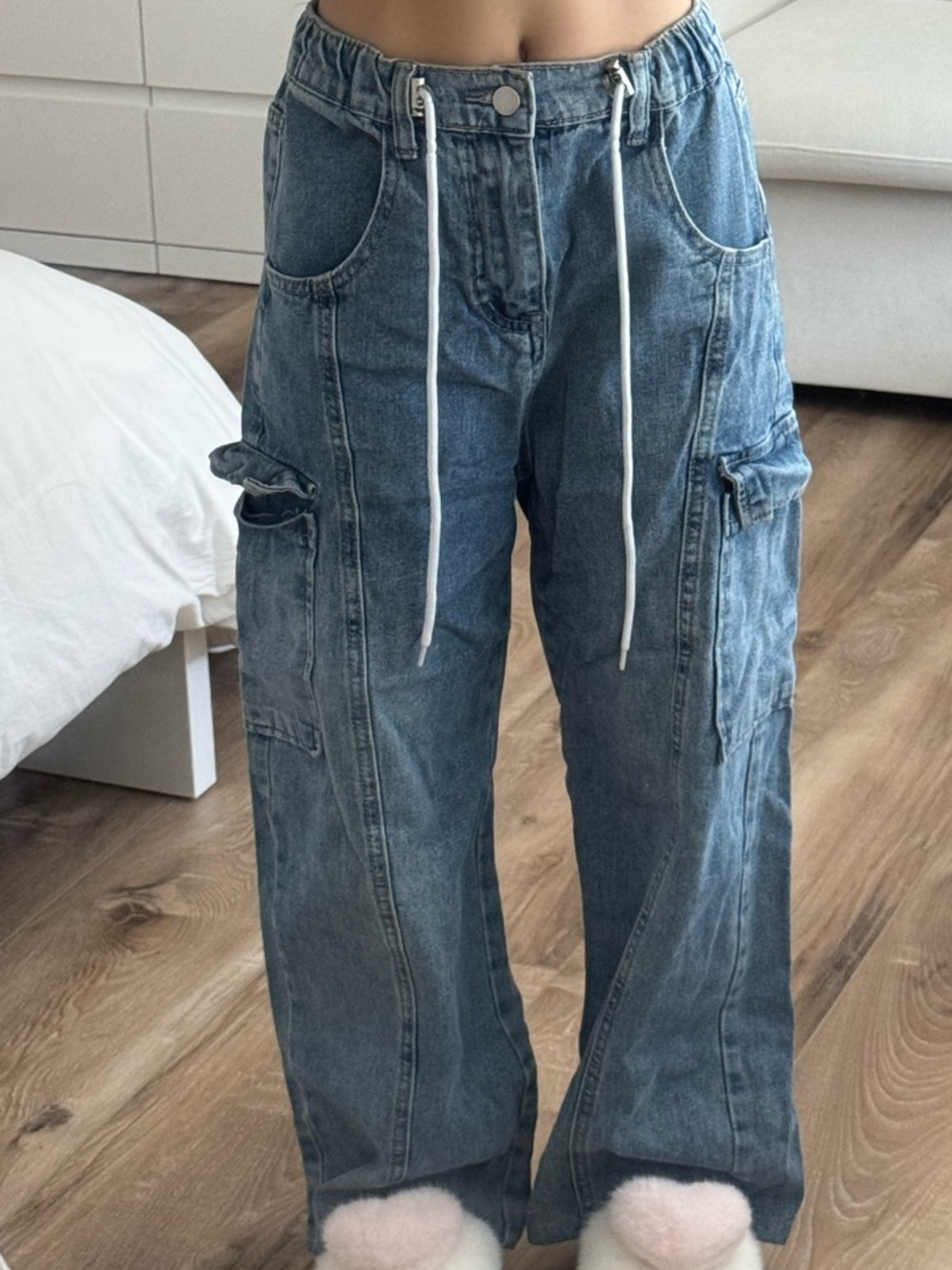 High-Waist Drawstring Cargo Jeans